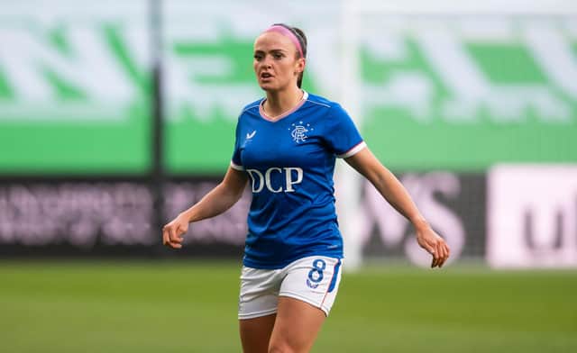 GLASGOW, SCOTLAND - APRIL 21: Kirsten Reilly in action for Rangers during a SWPL match  between Celtic and Rangers at Celtic Park, on April 21, 2021, in Glasgow, Scotland. (Photo by Craig Foy / SNS Group)
