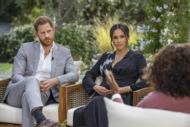 Prince Harry and Meghan, The Duchess of Sussex, in conversation with Oprah Winfrey (Picture: Joe Pugliese/Harpo Productions via AP)