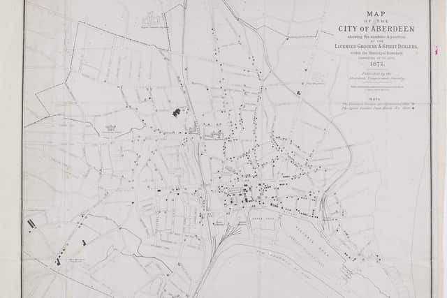 The temperance movement had a strong following in Aberdeen with one organisation having 10,000 members in the early 1840s. This 'drink map' of the city was published in 1872  . It shows a concentration of alcohol shops, pubs and licensed hotels around the docks and markets. PIC: University of Aberdeen Museums and Special Collections.