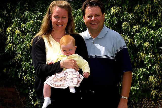 Andrew Oldcorn poses with wife Kirstin and baby during the 2001 Victor Chandler British Masters at Woburn. Picture: Andrew Redington/ALLSPORT.
