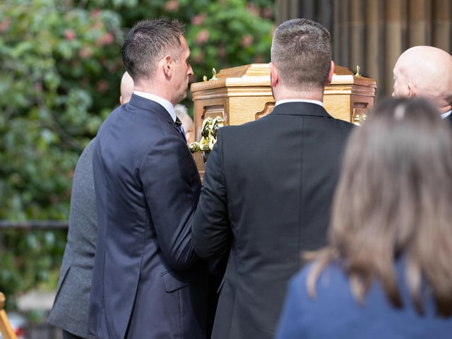 Rangers goalkeeer Alan McGregor carries the coffin at the funeral of Rangers kitman Jimmy Bell. (Photo by Alan Harvey / SNS Group)