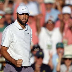 Scottie Scheffler  reacts after making birdie on the 18th green during the third round of the 2024 Masters Tournament at Augusta National Golf Club. Picture: Warren Little/Getty Images.