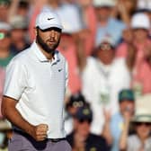Scottie Scheffler  reacts after making birdie on the 18th green during the third round of the 2024 Masters Tournament at Augusta National Golf Club. Picture: Warren Little/Getty Images.