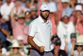 Scottie Scheffler  reacts after making birdie on the 18th green during the third round of the 2024 Masters Tournament at Augusta National Golf Club. Picture: Warren Little/Getty Images.