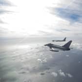 A Eurofighter Typhoon (near) and a Russian Bear F aircraft (far), one of two Russian aircraft the Typhoon was sent to intercept off the Scottish Coast from Leuchars Station.