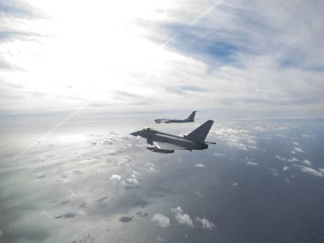 A Eurofighter Typhoon (near) and a Russian Bear F aircraft (far), one of two Russian aircraft the Typhoon was sent to intercept off the Scottish Coast from Leuchars Station.