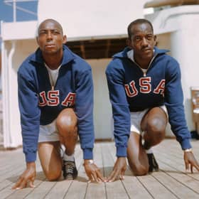 Barney Ewell, left, with fellow sprinter Harrison Dillard en route to the 1948 Olympic Games in London. Picture: Bettmann Archive/Getty Images