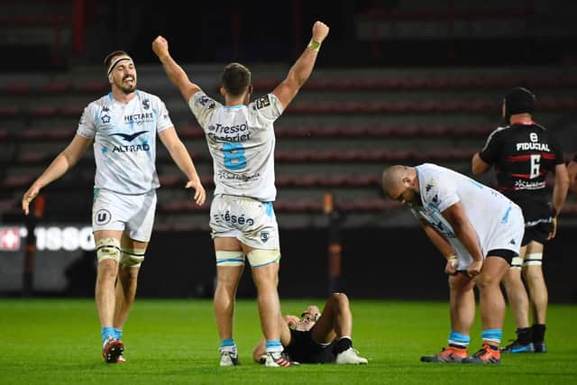 Montpellier players celebrate their impressive win over French Top 14 leaders Toulouse at the weekend. Picture: Lionel Bonaventure/AFP via Getty Images