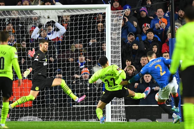 The skipper, James Tavernier, smashes home the vital second goal that sent Ibrox wild (Photo by ANDY BUCHANAN / AFP) (Photo by ANDY BUCHANAN/AFP via Getty Images)
