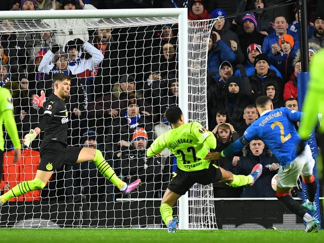 The skipper, James Tavernier, smashes home the vital second goal that sent Ibrox wild (Photo by ANDY BUCHANAN / AFP) (Photo by ANDY BUCHANAN/AFP via Getty Images)
