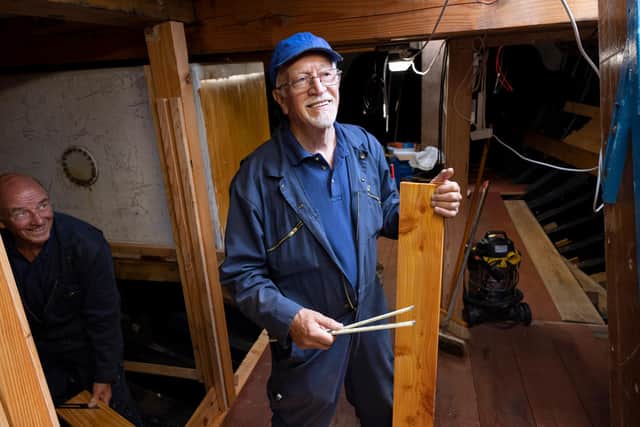 Scottish Fisheries Museum Boat Club volunteer Wince Stewart works on the internal refit of Reaper as part of the £1million conservation project.
© Martin Shields