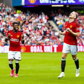 Manchester United's Donny van de Beek celebrates scoring in the pre-season friendly win over Lyon at Murrayfield. (Photo by Ross Parker / SNS Group)