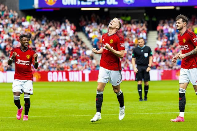 Manchester United's Donny van de Beek celebrates scoring in the pre-season friendly win over Lyon at Murrayfield. (Photo by Ross Parker / SNS Group)