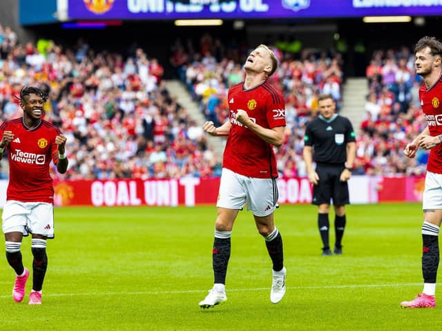 Manchester United's Donny van de Beek celebrates scoring in the pre-season friendly win over Lyon at Murrayfield. (Photo by Ross Parker / SNS Group)