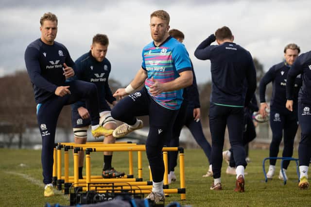 Duhan van der Merwe and Kyle Steyn train ahead of Scotland's game versus Wales. (Photo by Craig Williamson / SNS Group)