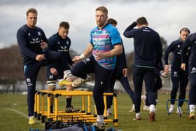 Duhan van der Merwe and Kyle Steyn train ahead of Scotland's game versus Wales. (Photo by Craig Williamson / SNS Group)