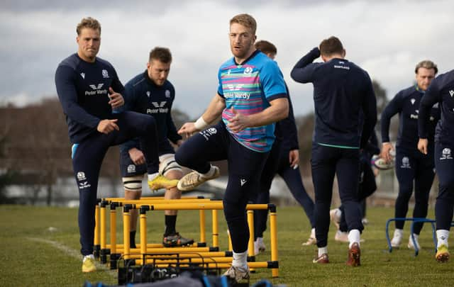 Duhan van der Merwe and Kyle Steyn train ahead of Scotland's game versus Wales. (Photo by Craig Williamson / SNS Group)