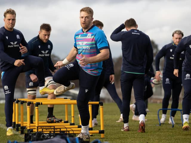 Duhan van der Merwe and Kyle Steyn train ahead of Scotland's game versus Wales. (Photo by Craig Williamson / SNS Group)