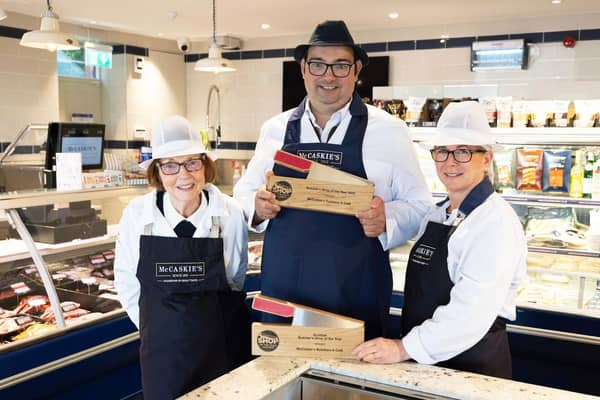 Nigel Ovens of McCaskie's Butchers in Wemyss Bay who has won the UK Butcher's Shop of the Year pictured with his mother Elizabeth and wife Helen (pic: Graeme Hart/Perthshire Picture Agency)