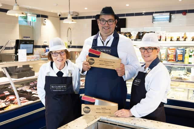 Nigel Ovens of McCaskie's Butchers in Wemyss Bay who has won the UK Butcher's Shop of the Year pictured with his mother Elizabeth and wife Helen (pic: Graeme Hart/Perthshire Picture Agency)