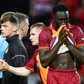 Motherwell's Bevis Mugabi reacts at full time after defeat to Sligo Rovers in the UEFA Conference League second qualifying round first leg. (Photo by Rob Casey / SNS Group)
