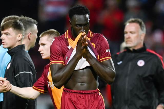 Motherwell's Bevis Mugabi reacts at full time after defeat to Sligo Rovers in the UEFA Conference League second qualifying round first leg. (Photo by Rob Casey / SNS Group)