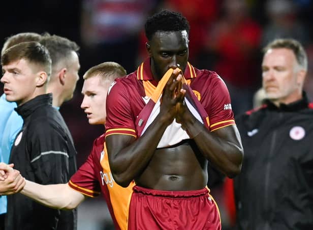 Motherwell's Bevis Mugabi reacts at full time after defeat to Sligo Rovers in the UEFA Conference League second qualifying round first leg. (Photo by Rob Casey / SNS Group)
