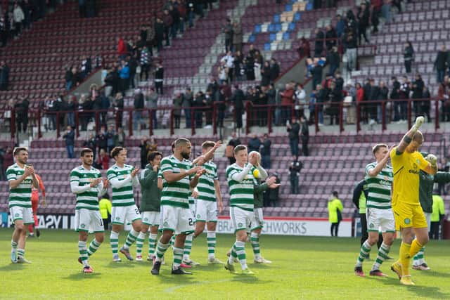 Celtic take the acclaim of their support after the 3-0 win over Hearts at Tynecastle.