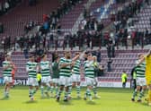 Celtic take the acclaim of their support after the 3-0 win over Hearts at Tynecastle.