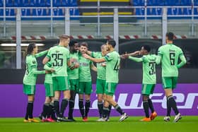 Odsonne Edouard celebrates with his team-mates after putting Celtic 2-0 up. Picture: Fabrizio Carabelli/PA Wire.