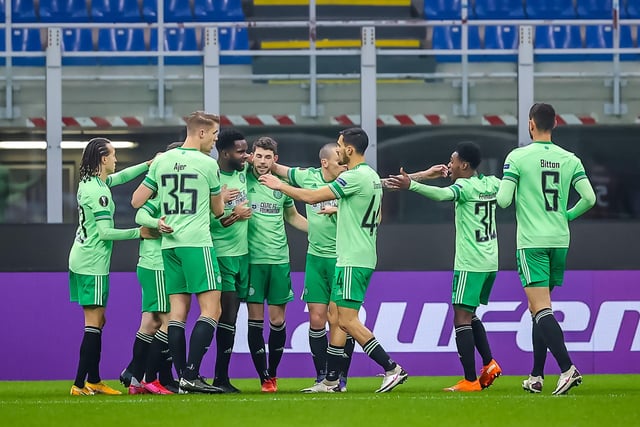 Odsonne Edouard celebrates with his team-mates after putting Celtic 2-0 up. Picture: Fabrizio Carabelli/PA Wire.