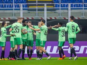 Odsonne Edouard celebrates with his team-mates after putting Celtic 2-0 up. Picture: Fabrizio Carabelli/PA Wire.