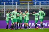 Odsonne Edouard celebrates with his team-mates after putting Celtic 2-0 up. Picture: Fabrizio Carabelli/PA Wire.