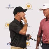 International captain Trevor Immelman and his United States counterpart Davis Love III chat during a press conference prior to the 2022 Presidents Cup at Quail Hollow in Charlotte, North Carolina. Picture: Warren Little/Getty Images.