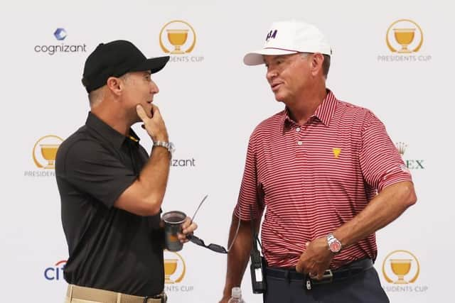 International captain Trevor Immelman and his United States counterpart Davis Love III chat during a press conference prior to the 2022 Presidents Cup at Quail Hollow in Charlotte, North Carolina. Picture: Warren Little/Getty Images.