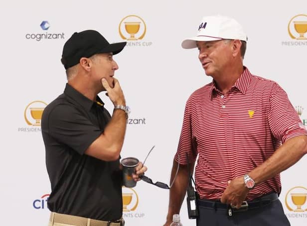 International captain Trevor Immelman and his United States counterpart Davis Love III chat during a press conference prior to the 2022 Presidents Cup at Quail Hollow in Charlotte, North Carolina. Picture: Warren Little/Getty Images.