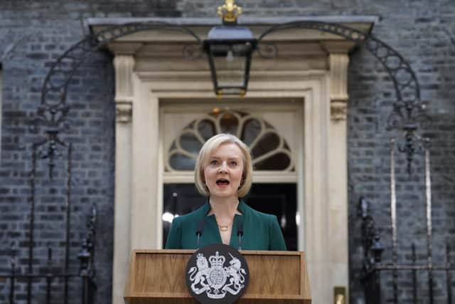 Outgoing Prime Minister Liz Truss making a speech outside 10 Downing Street, London before travelling to Buckingham Palace for an audience with King Charles III to formally resign as PM. Picture date: Tuesday October 25, 2022.