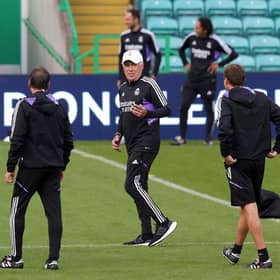 Real Madrid manager Carlo Ancelotti takes a training session at Celtic Park ahead of Tuesday night's clash in Glasgow.