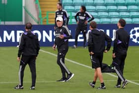 Real Madrid manager Carlo Ancelotti takes a training session at Celtic Park ahead of Tuesday night's clash in Glasgow.