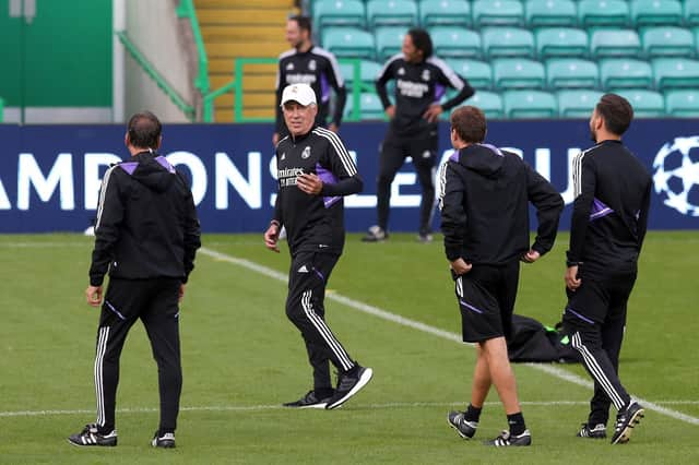 Real Madrid manager Carlo Ancelotti takes a training session at Celtic Park ahead of Tuesday night's clash in Glasgow.