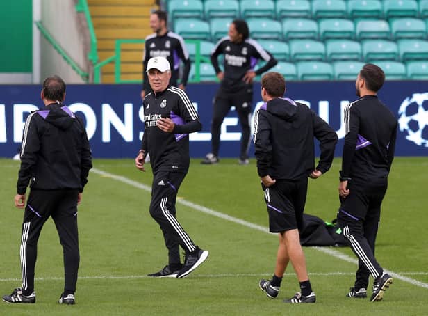 Real Madrid manager Carlo Ancelotti takes a training session at Celtic Park ahead of Tuesday night's clash in Glasgow.