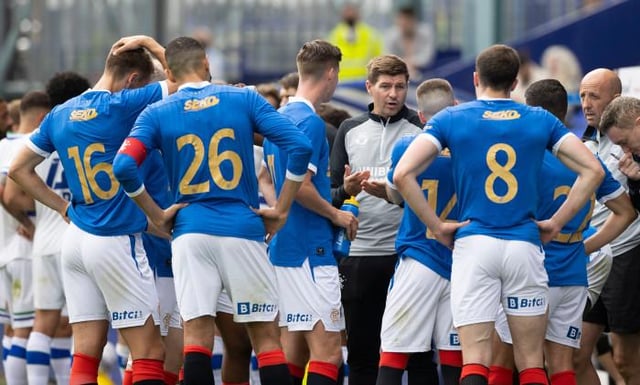 Steven Gerrard speaks to his players during a drinks break during a pre-season friendly between Tranmere Rovers and Rangers. (Photo by Craig Williamson / SNS Group)