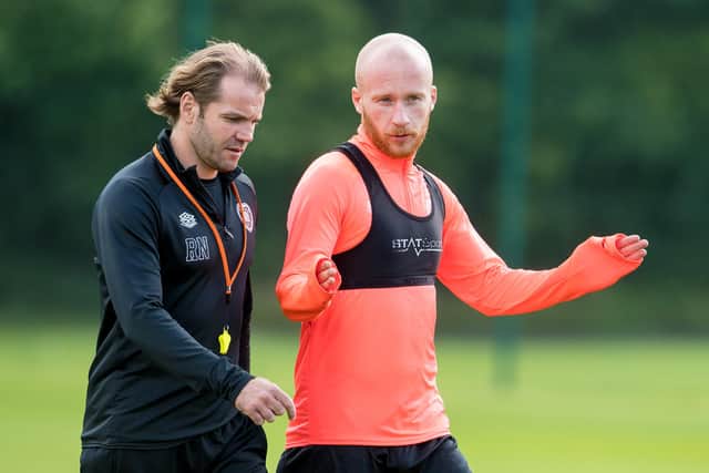 Hearts manager Robbie Neilson and striker Liam Boyce.