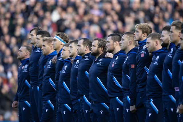 Scotland players line up to observe the Haka ahead of the Autumn Nations Series defeat to New Zealand. (Photo by Craig Williamson / SNS Group)