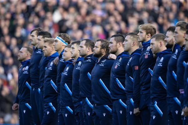 Scotland players line up to observe the Haka ahead of the Autumn Nations Series defeat to New Zealand. (Photo by Craig Williamson / SNS Group)
