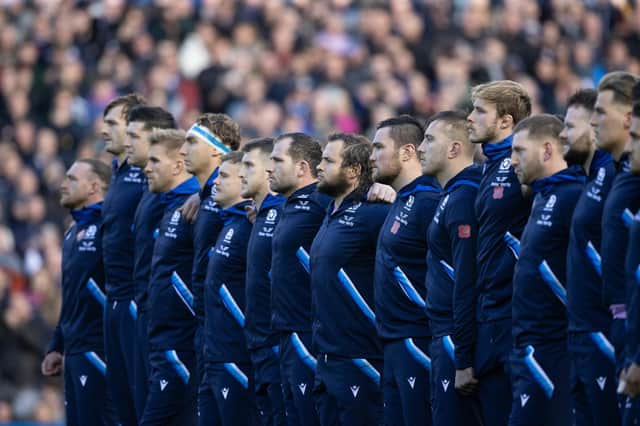 Scotland players line up to observe the Haka ahead of the Autumn Nations Series defeat to New Zealand. (Photo by Craig Williamson / SNS Group)