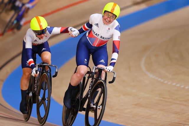 Laura Kenny and Katie Archibald of Team Great Britain compete during the Women's Madison final at the Tokyo 2020 Olympic Games. Image: Tim de Waele/Getty Images.