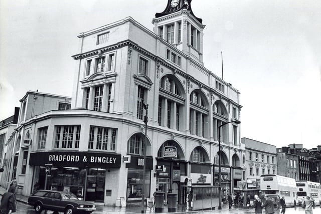 High Street, Sheffield, on July 17, 1981. Pictured is the Bradford and Bingley Building Society in Telegraph House and, further down, Crazy Daisy Nightclub can be seen below GT News