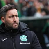 Hibs manager Lee Johnson watches on as his team go down 3-0 to Hearts.