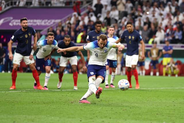 Harry Kane misses a late penalty - having already scored from the spot - as England crash out of the World Cup against France  (Photo by Richard Heathcote/Getty Images)